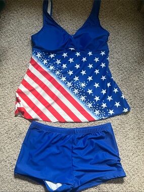 Patriotic Blue Stars & Stripes Tankini with Blue Swim Shorts